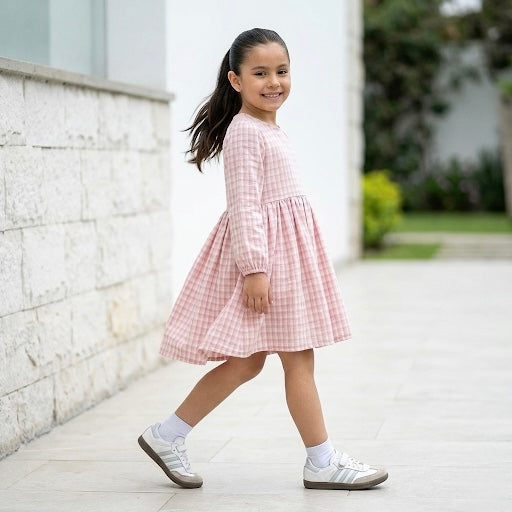 Vestido Niña Vichy Cuadros Rosa Manga Larga