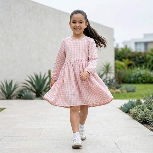 Vestido Niña Vichy Cuadros Rosa Manga Larga
