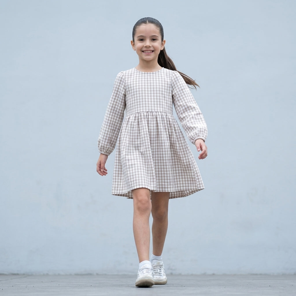 Vestido Niña Vichy Cuadros Beige Manga Larga