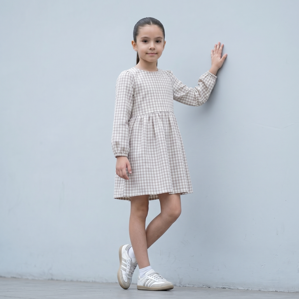 Vestido Niña Vichy Cuadros Beige Manga Larga