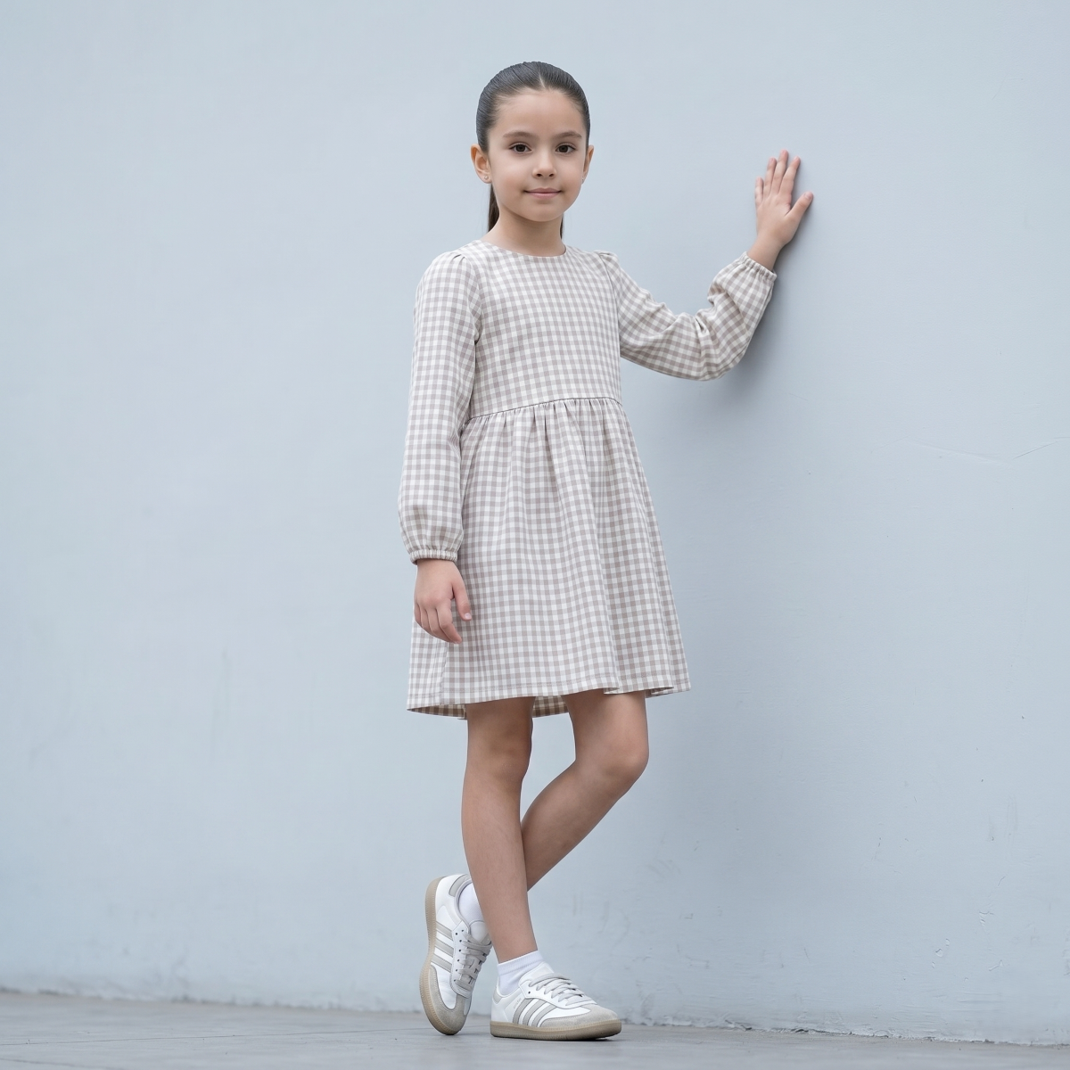 Vestido Niña Vichy Cuadros Beige Manga Larga