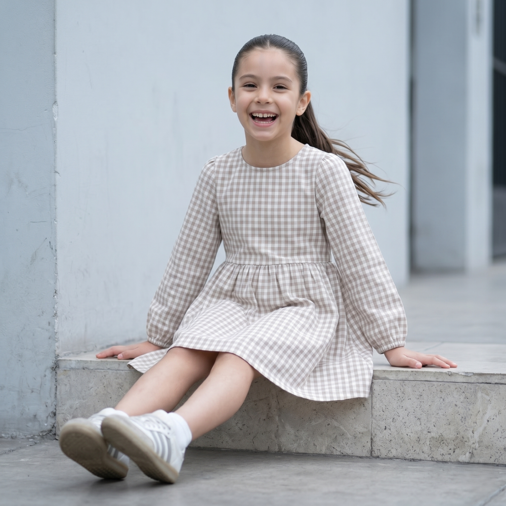Vestido Niña Vichy Cuadros Beige Manga Larga