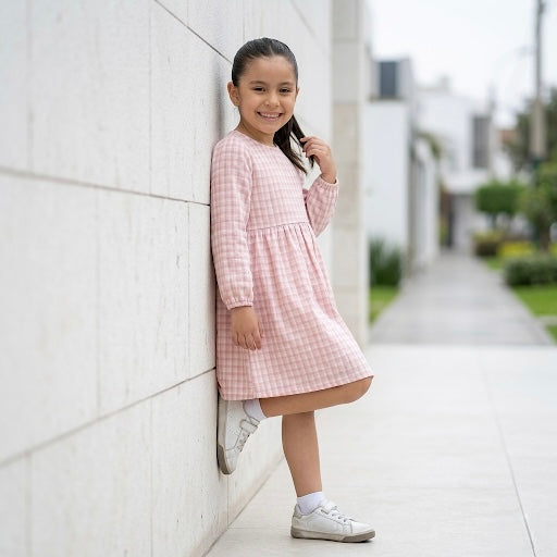 Vestido Niña Vichy Cuadros Rosa Manga Larga
