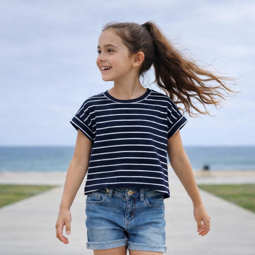 Polo Azul Rayas Niña Algodón - Angela Kids