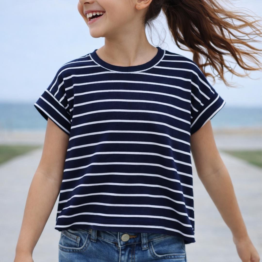 Polo Azul Rayas Niña Algodón - Angela Kids