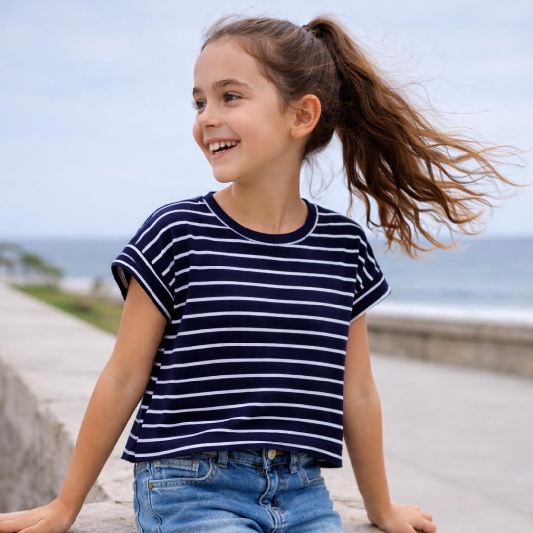 Polo Azul Rayas Niña Algodón - Angela Kids