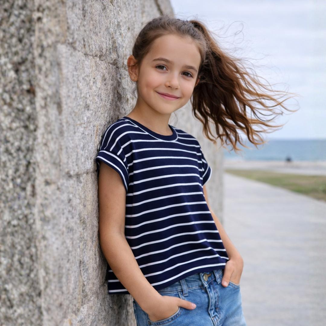 Polo Azul Rayas Niña Algodón - Angela Kids
