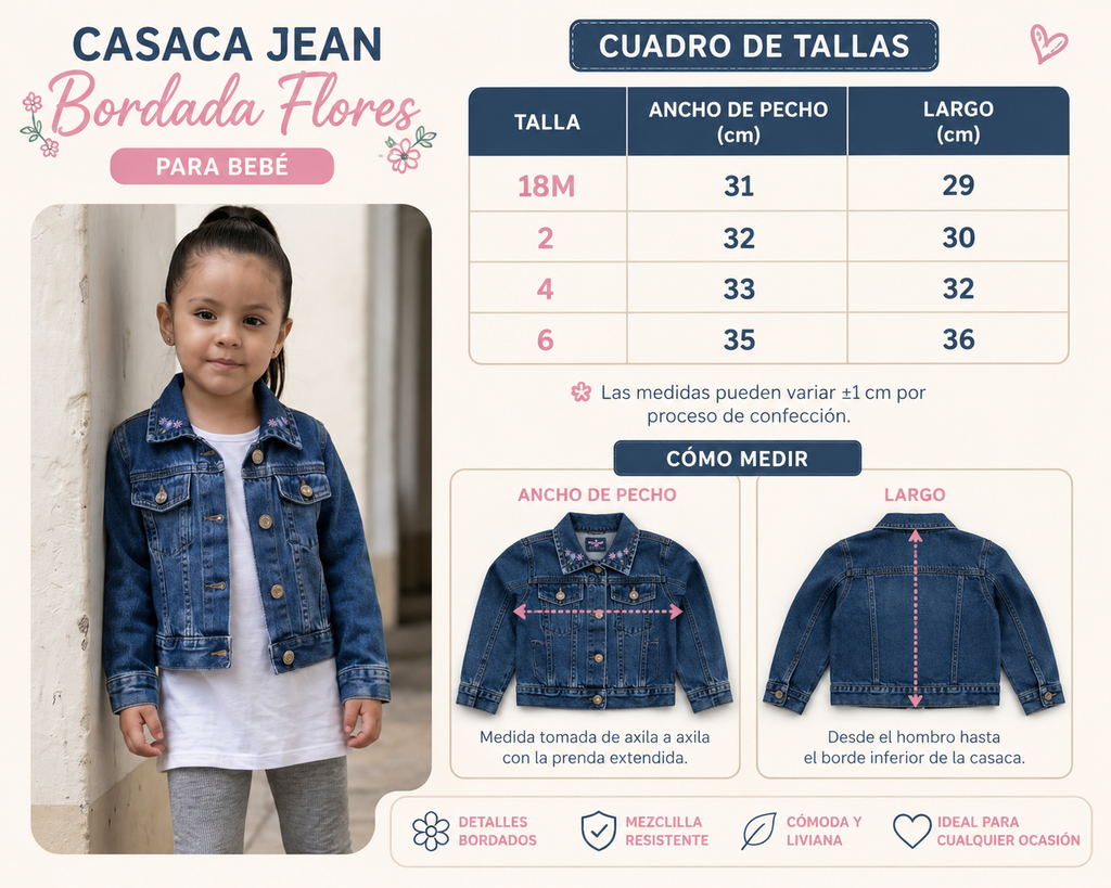 Casaca Niña Jean Denim Azul con Bordado de Flores