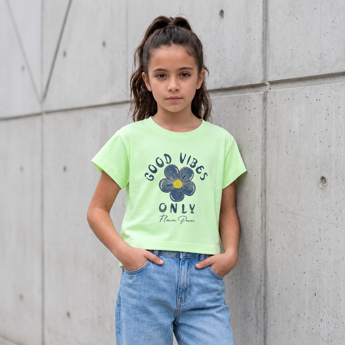 Polo Niña Verde Limón estampado "Good Vibes Flower Power"