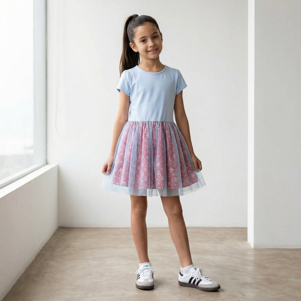 Vestido Niña Tul Floral Azul Cielo con Falda Floral Rosa