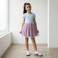 Vestido Niña Tul Floral Azul Cielo con Falda Floral Rosa