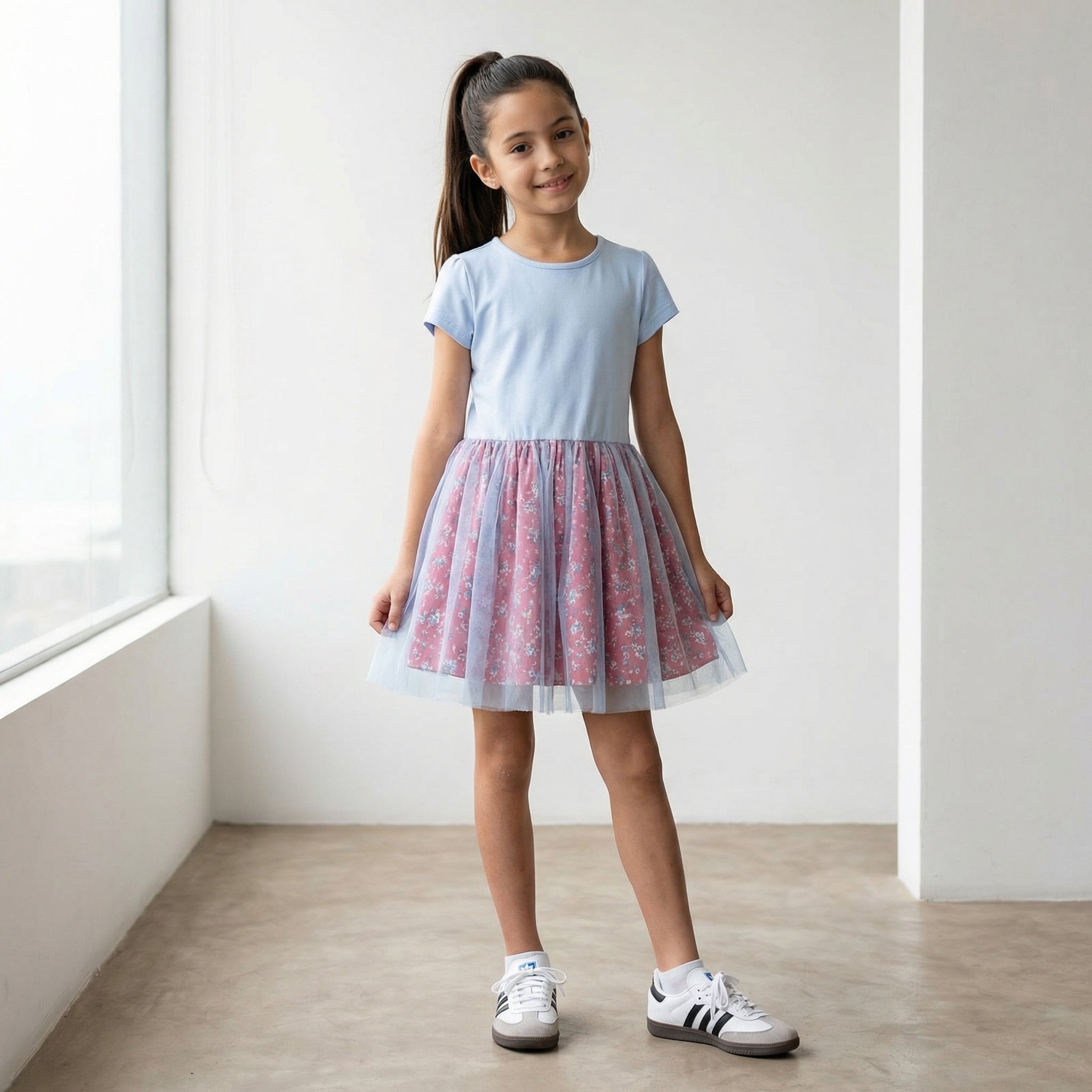 Vestido Niña Tul Floral Azul Cielo con Falda Floral Rosa