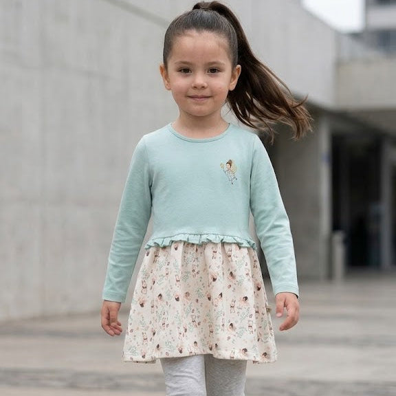 Vestido manga larga bebé niña verde palo estampado hadas – Angela Kids Perú